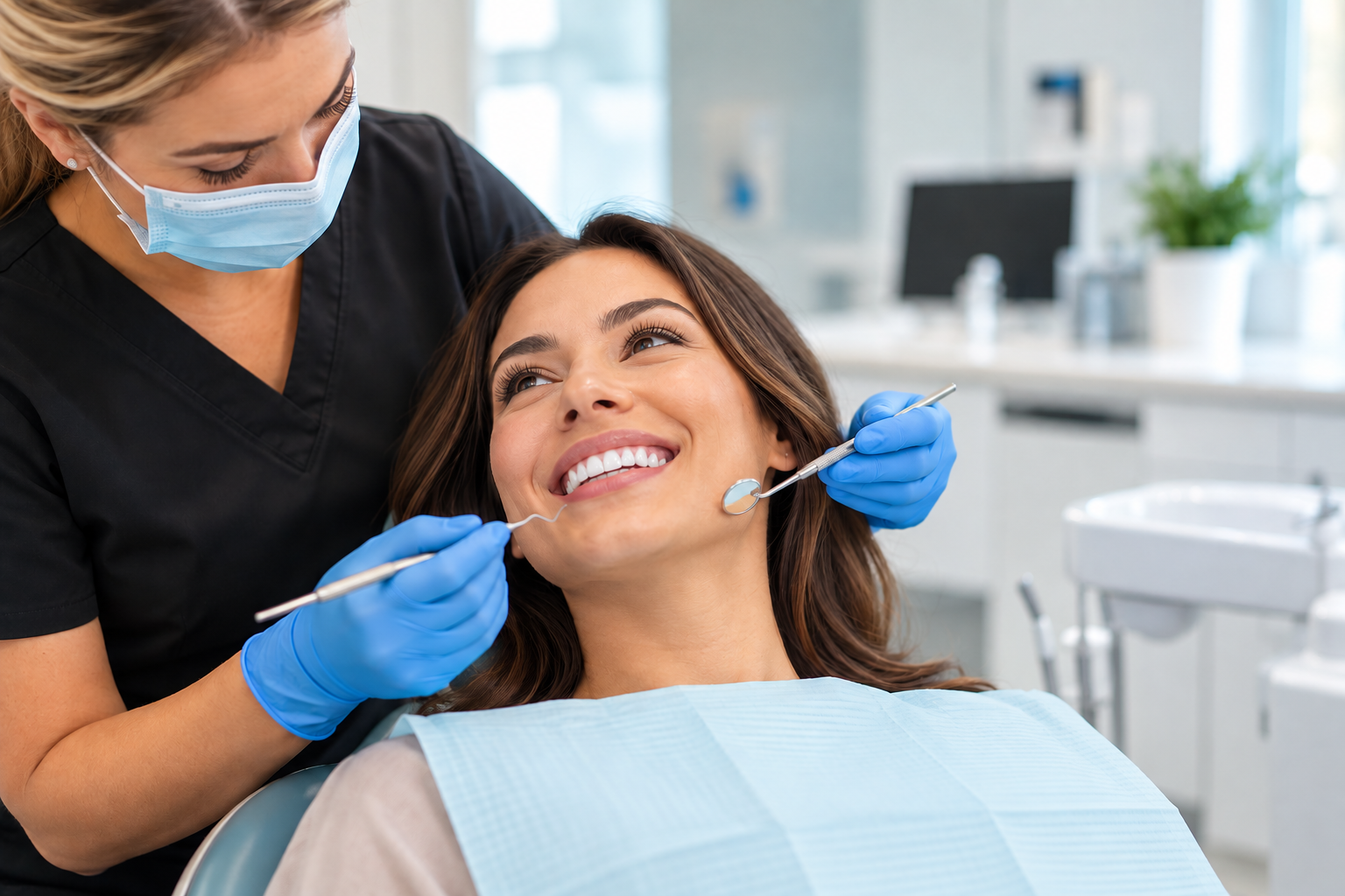 Woman smiling in dental chair while dental hygienist hovers above her holding dental tools 