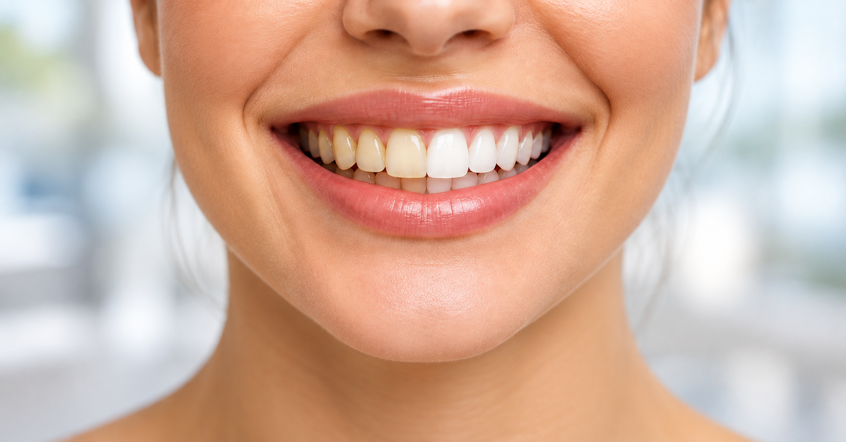 Closeup of woman smiling with half her teeth yellowed, and the other half white