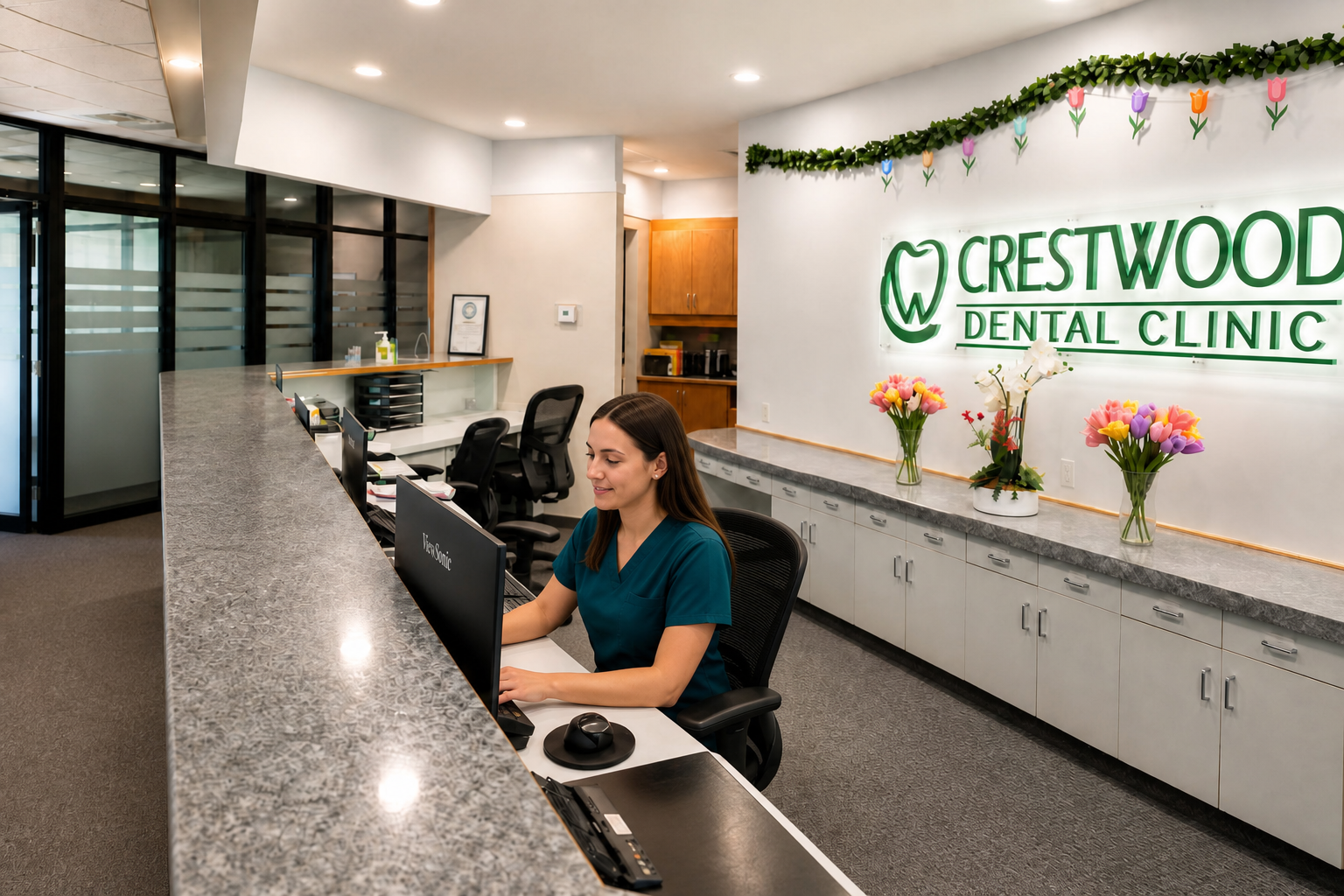 Front desk team member working at the Crestwood Dental Clinic reception desk