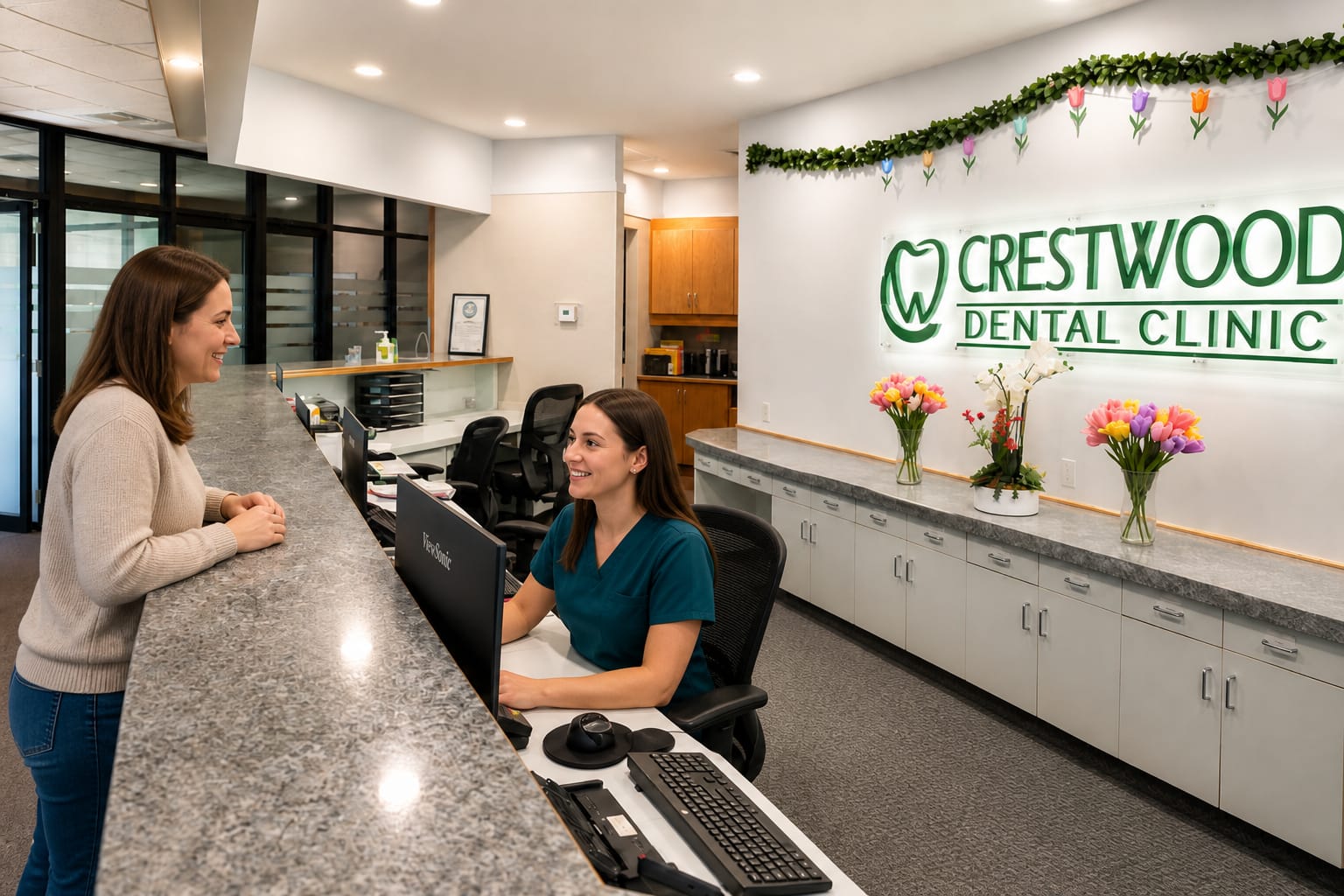 Receptionist helping a patient at the Crestwood Dental Clinic front desk