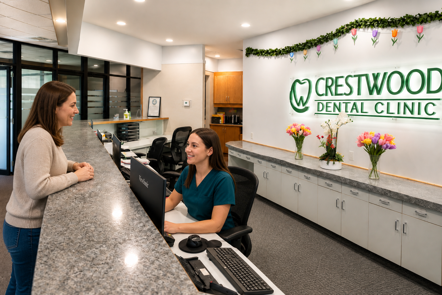Receptionist helping a patient at the Crestwood Dental Clinic front desk