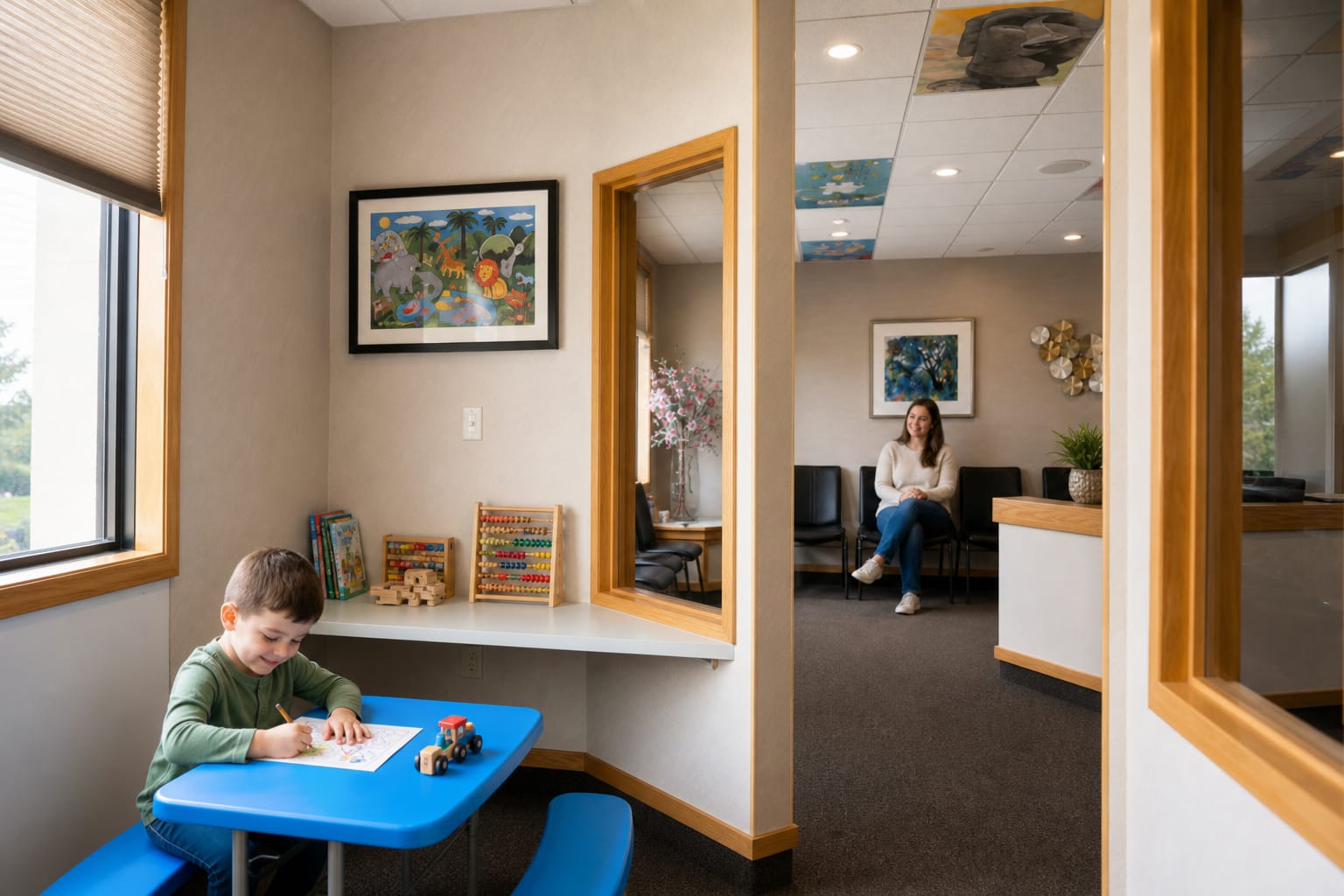 Parent and child in the Crestwood Dental Clinic play area and waiting room