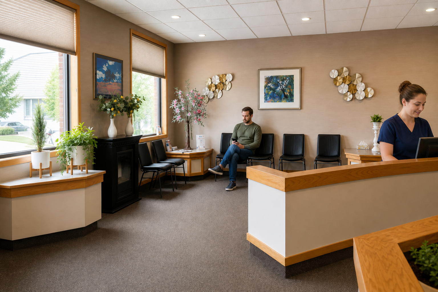 Patient and receptionist in the waiting room at Crestwood Dental Clinic in Medicine Hat