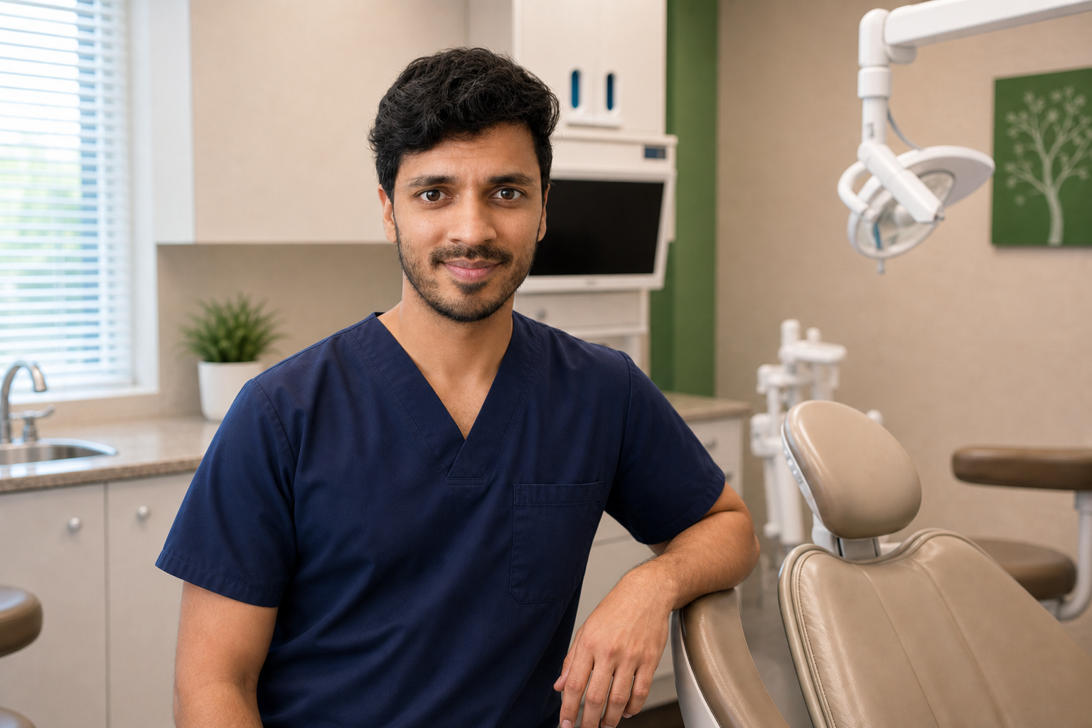 Dr. Shah beside an exam chair at Crestwood Dental Clinic
