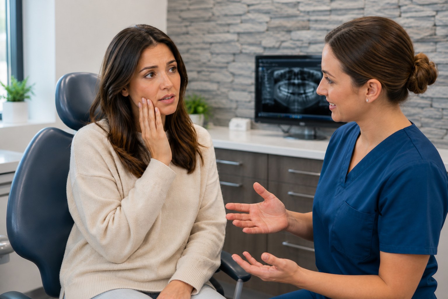 Dental hygienist discussing broken or chipped tooth care with a patient