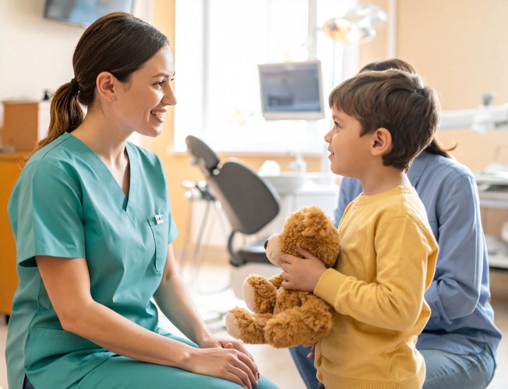 Dental team member greeting a child with a teddy bear at Crestwood Dental Clinic