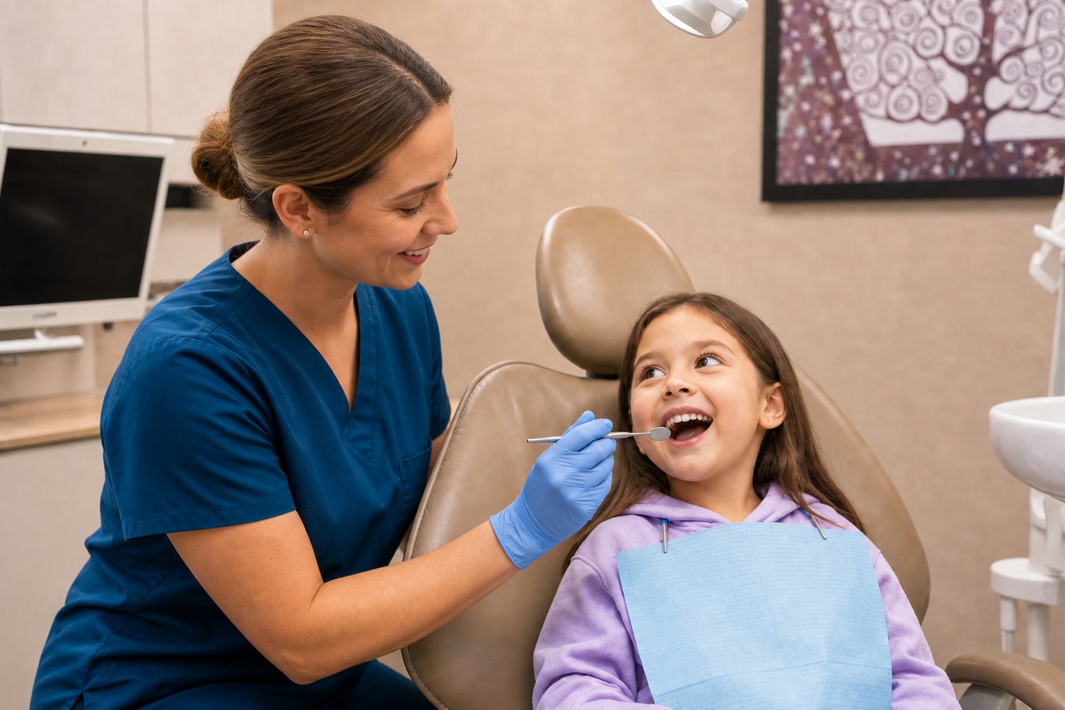 Dental hygienist examining a child at Crestwood Dental Clinic
