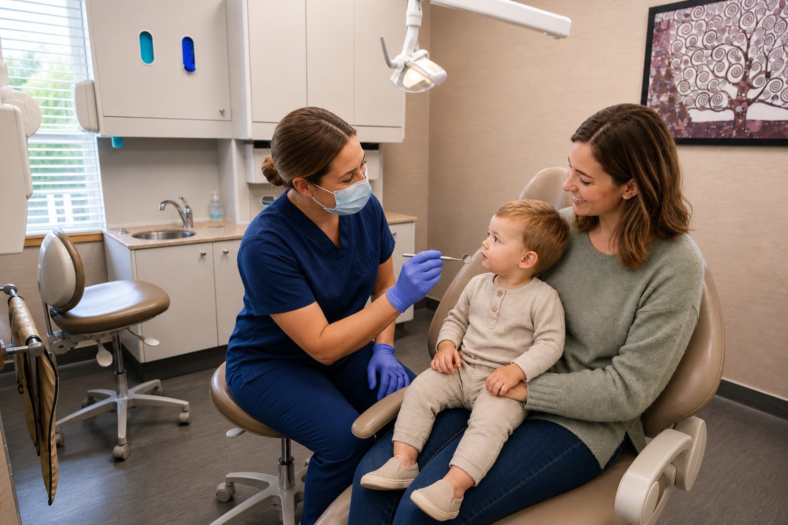 Dental hygienist examining a toddler with mother during an oral care visit