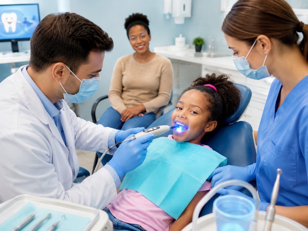 Child receiving a dental sealant with dentist and assistant