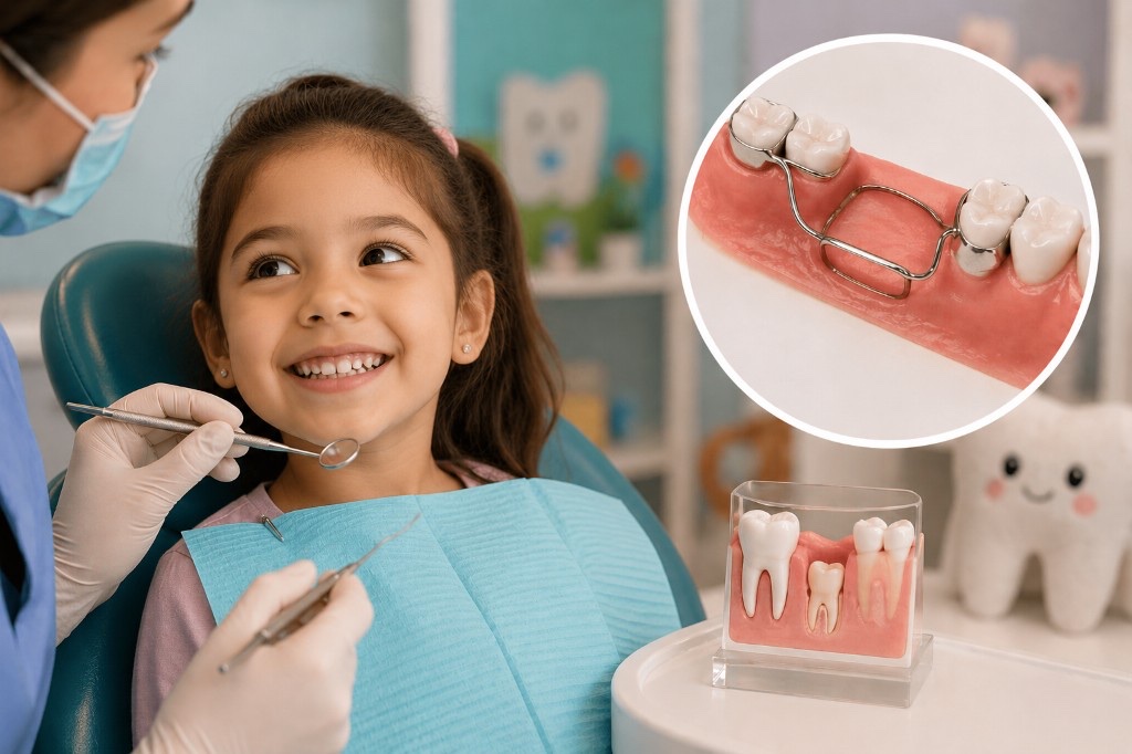 Child smiling during a dental visit with a space maintainer example