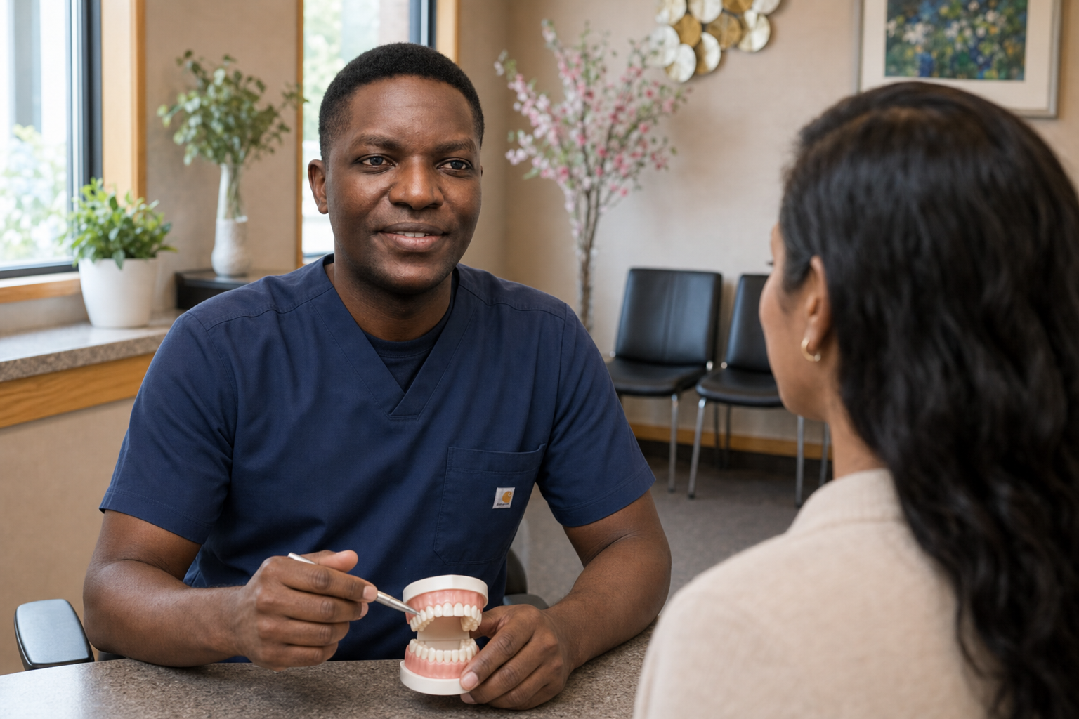 Dentist consulting with a patient at Crestwood Dental Clinic