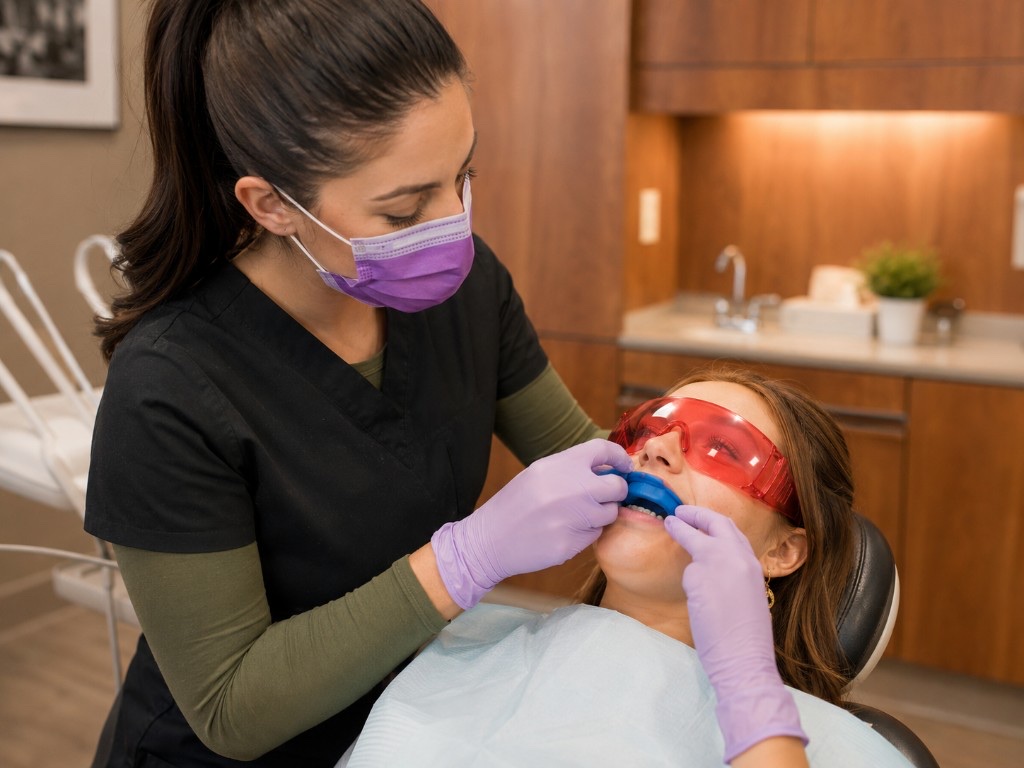 Dental hygienist applying a fluoride tray during a preventive visit