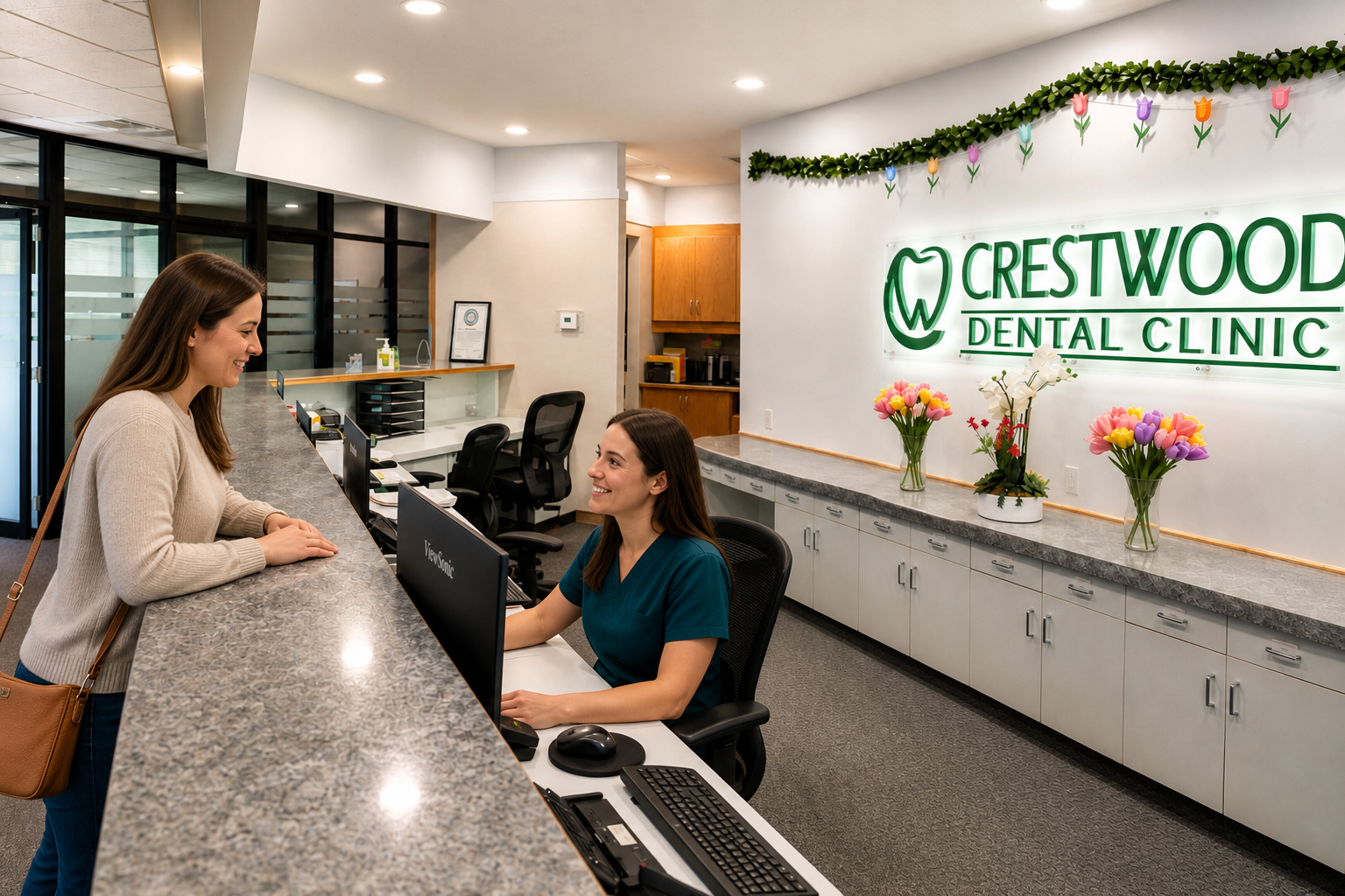 Receptionist helping a patient at the Crestwood Dental Clinic front desk