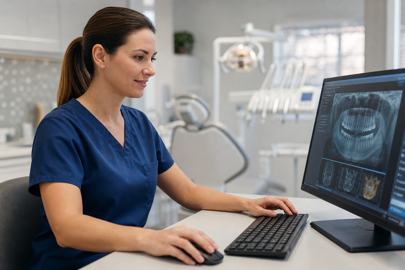 Dental hygienist working at a computer
