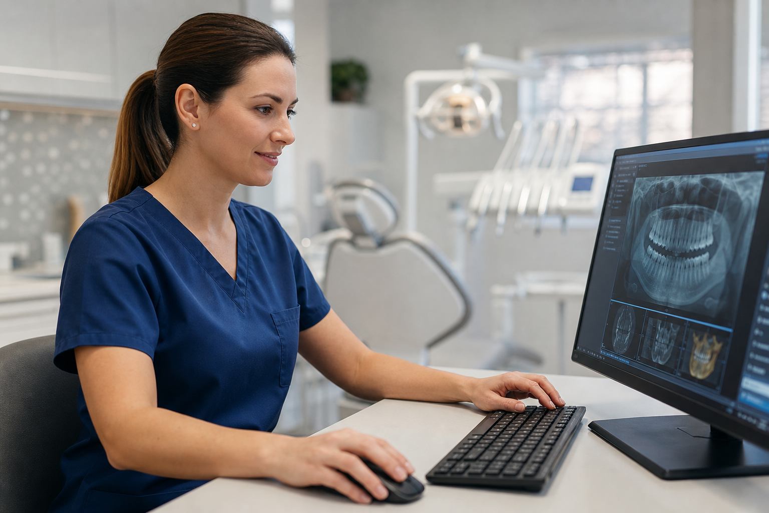Dental hygienist working at a computer