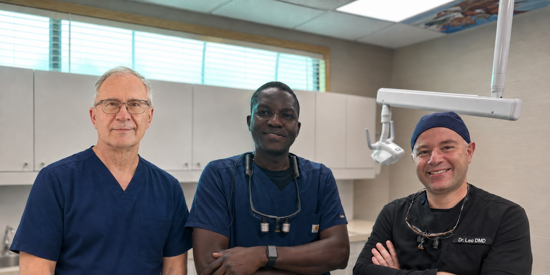 Dr. Elwin Kershaw, Dr. Adebayo Ibikunle, and Dr. Leo Rotband in a Crestwood Dental Clinic treatment room